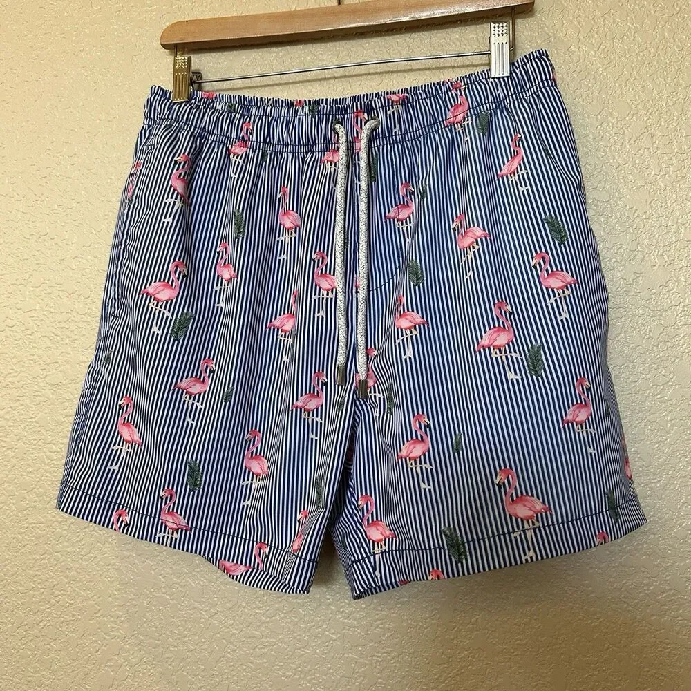 Vintage Summer Swim Trunks Men's Extra Large‎ Blue Flamingo Print Pockets Sport